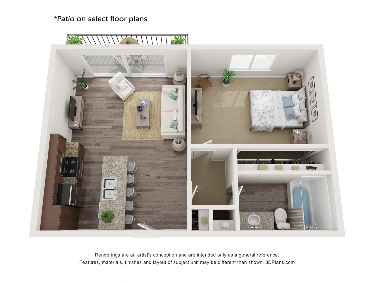 Floor plan for 1 bed, 1 bath, 672 sqft